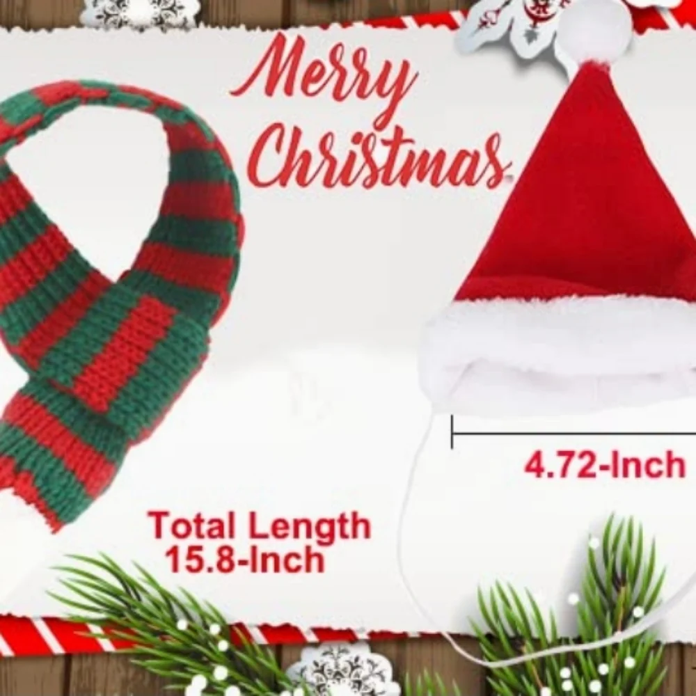 Cat Santa Hat with Red and Green Striped Scarf with a Pom Pom Size S